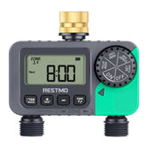 RESTMO Water Timer brass inlet closeup showing leak-proof design for outdoor use