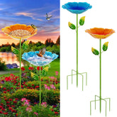 Retyion flower-design bird bath in blue and yellow enhances garden decor.