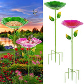 Retyion flower bird bath in red and green, front view, vibrant garden decor.