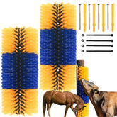 REVAXUP livestock scratching brush mounted on a fence for easy self-grooming.