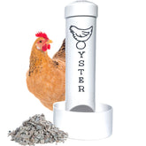Revolutionary Chicken Oyster Shell Feeder mounted in the coop for easy calcium access.