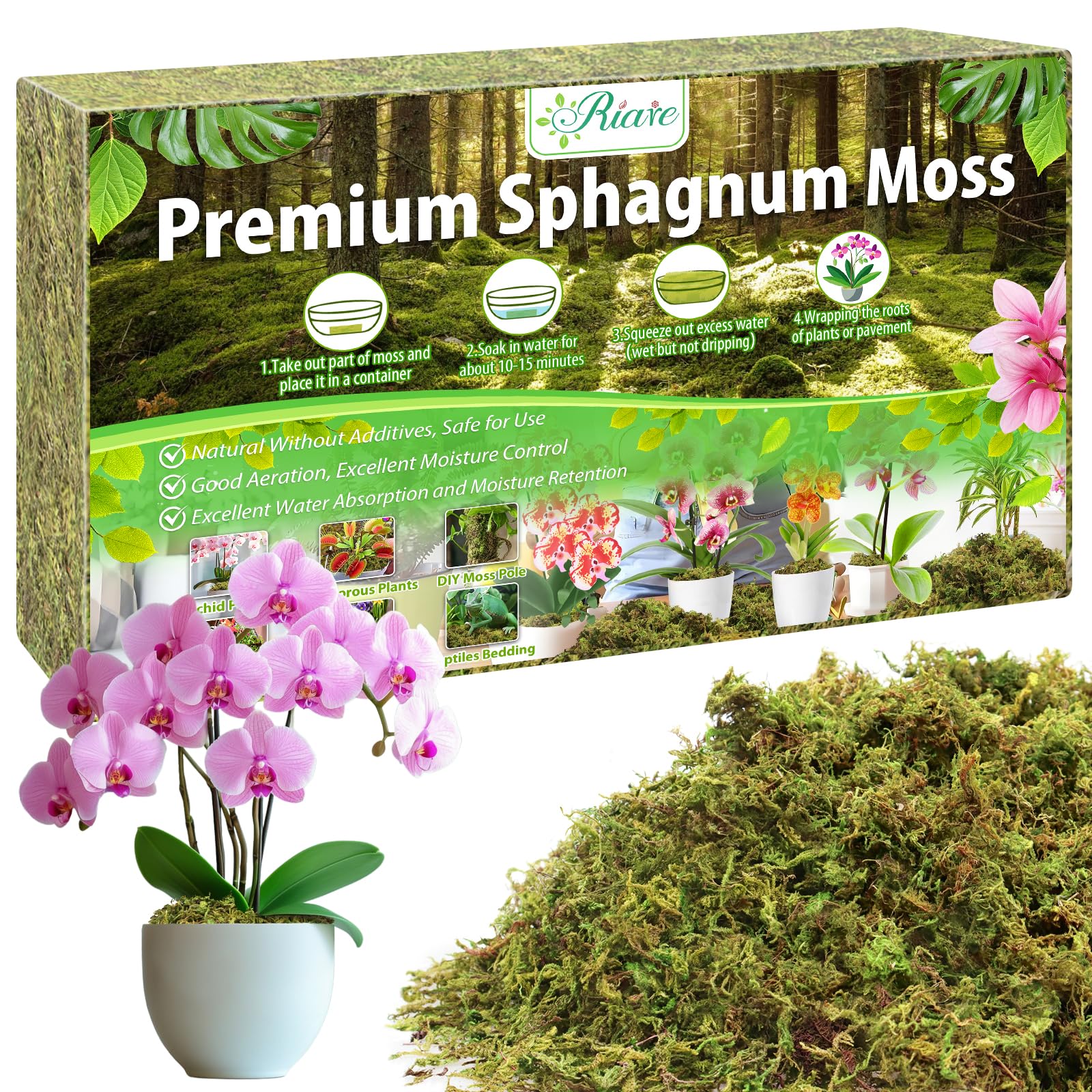 Riare 7oz sphagnum moss brick ready to soak, showcasing natural color and texture.