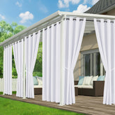 RichSets White patio waterproof curtains shield the patio from rain while maintaining a clean look.