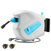 RIDGE WASHER 65ft 1/4in hose reel shown for extended reach on outdoor surfaces