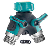 Riemex metal hose splitter front view with dual outlets for easy watering
