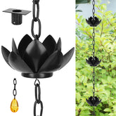 Rifachua 8.5ft black rain chain with lotus cups decorating the gutter for ambient rain sounds.