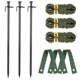 RIFNY heavy duty tree stake kit with three steel stakes stabilizing a young tree.