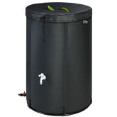 Rihogar 100-gallon rain barrel exterior shows durable black UV-resistant design for long outdoor use.