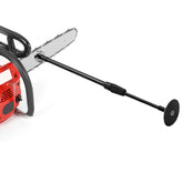 Riomhorry firewood measuring tool with magnet base attached to chainsaw bar for stability.