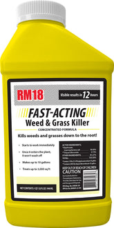 RM18 fast-acting weed killer bottle for rapid lawn weed control.