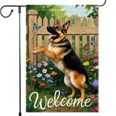 RMXJKIIU garden flag featuring a German shepherd and blue butterfly for welcoming outdoor spaces.