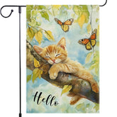 RMXJKIIU Hello Spring Garden Flag with resting cat on a branch, ideal for tranquil outdoor decor.