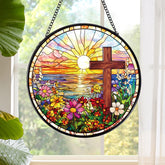 Rngmsi cross flower sun catcher in stained glass brightens windows with warm color.