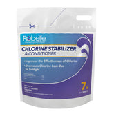 Robelle 7-Pounds bottle with label showcasing pool stabilizer benefits
