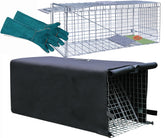 Rockever live animal trap cage with 32x10x12 cover shown in situ, highlighting weather-ready design.