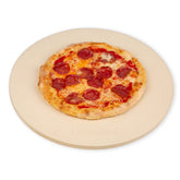 ROCKSHEAT round 16-inch pizza stone on a grill for even heat and crisp crust.