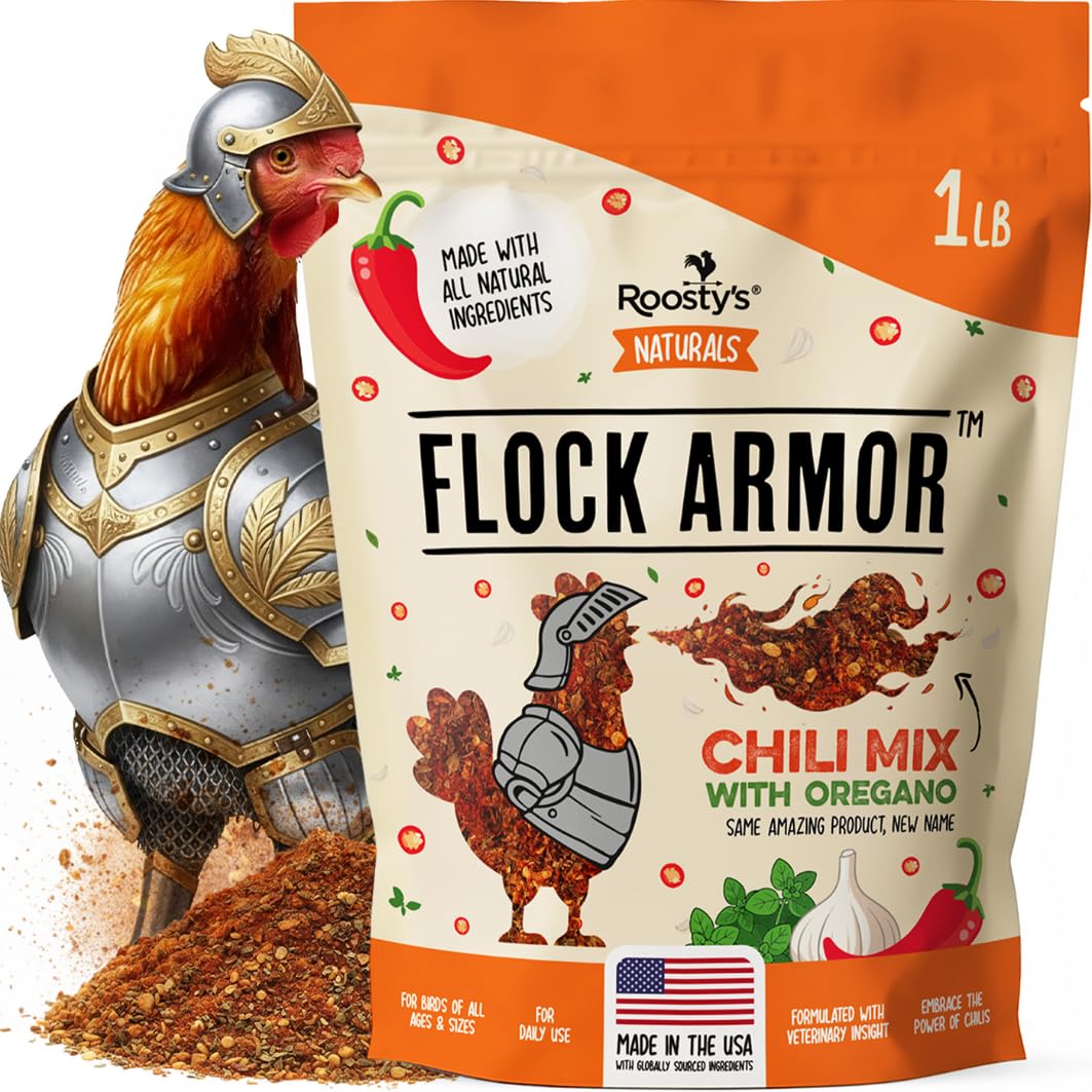 Roosty's Naturals Flock Armor chili pouch on shelf for year-round flock care