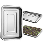 RooTrimmer front view of the large stainless steel seed tray, sturdy for seedling pots.