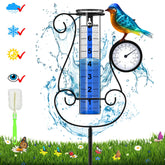 Rose Manor rain gauge with hummingbird thermometer shows rainfall and temperature