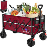 ROSONG collapsible wagon with wheels in burgundy showing 150L capacity for heavy loads.