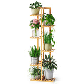 ROSSNY 6-tier plant stand assembly guide in natural bamboo.