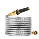 Rosy Earth metal garden hose 25ft coiled for easy storage and quick setup.