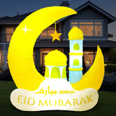 RoundFunny Ramadan inflatable with moon and castle design, ideal for festive yard decor at night.