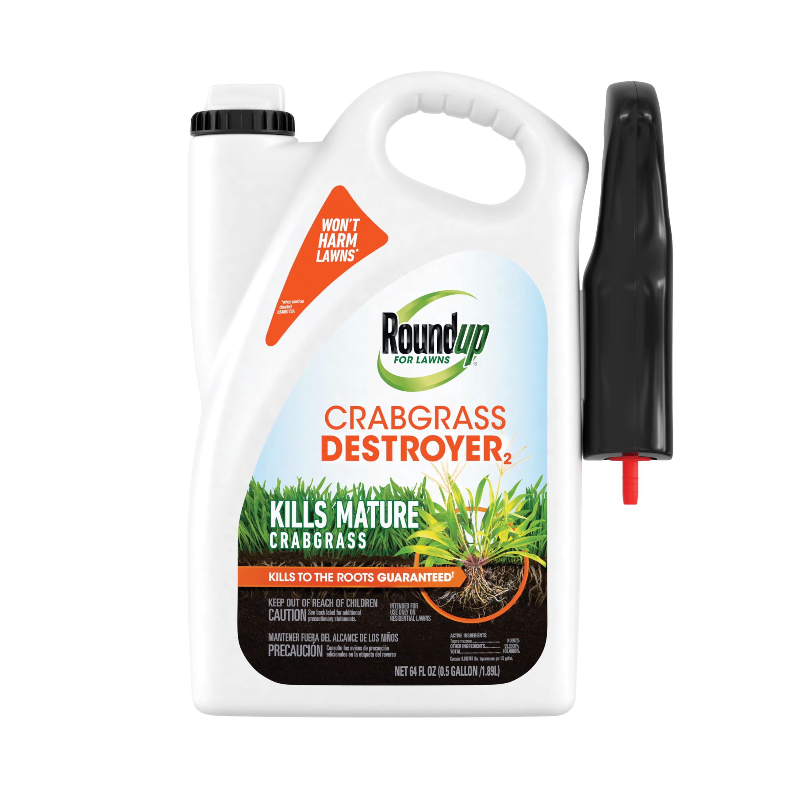 Roundup for Lawns Crabgrass Destroyer2 bottle pour demonstrating ready-to-use weed control.