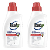 Roundup Weed Killer4 Concentrate bottle label highlights weed control and coverage.
