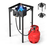 ROVSUN 100k BTU stove side view showing durable cast iron frame for outdoor cooking.