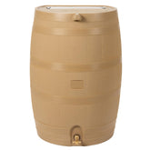 RTS Home Accents 50-Gallon rain barrel with brass spigot for easy garden watering.
