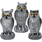 Ruolan 3-pack owl decoys with weatherproof finish deter birds across seasons.