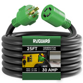 RVGUARD L14-30P to L14-30R generator cord demonstrating 25 ft length for versatile power delivery.