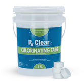 Rx Clear 1-Inch Chlorine Tabs bottle displaying stabilized, slow-dissolving sanitizer for pools and spas