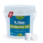 Rx Clear 3-inch chlorine tabs in a 5 lb bag for steady pool sanitization.