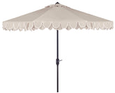 SAFAVIEH round canopy with beige and white trim provides chic outdoor shade.