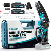 Saker Mini Chainsaw in use on a branch for efficient cordless cutting.