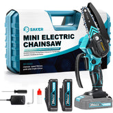 Saker Mini Chainsaw with battery and charger ready for quick pruning tasks
