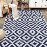 SAND MINE reversible mats outdoor rug 6x9 in dark blue and white for patios and decks.