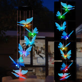 SAND MINE solar wind chimes with blue butterfly glow for porch and garden evenings.