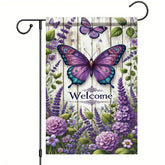 Saoplasa butterfly garden flag front view with lavender blooms for curb appeal