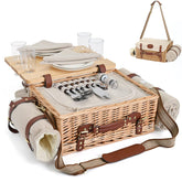 SatisInside wicker picnic basket for four with hand-woven charm for family picnics.