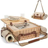 SatisInside wicker picnic basket with insulated interior keeps meals fresh for outdoor picnics.