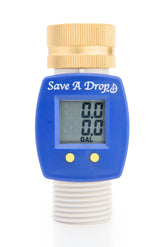 Save A Drop P3 water flow meter with brass swivel mounted on a hose for precise tracking.