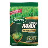 Scotts Green Max Lawn Food bag front view shows lawn-friendly formula for growth