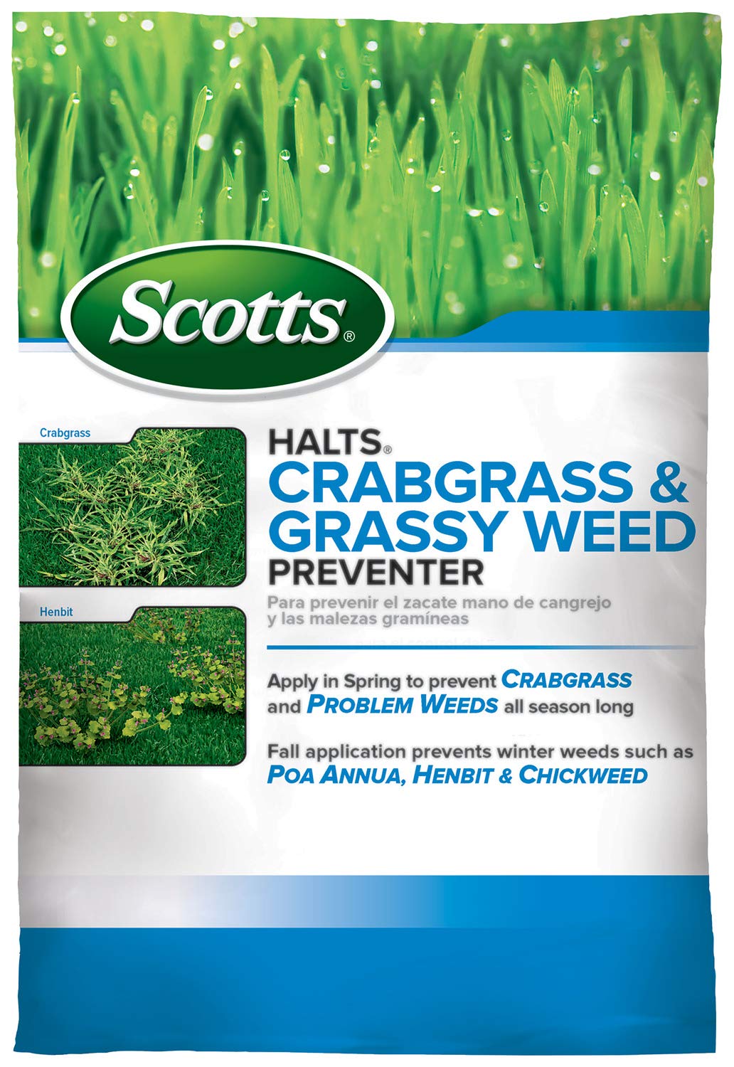 Scotts Halts bag front showing packaging and coverage up to 10,000 sq ft for lawns.