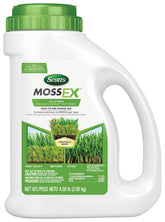 Scotts MossEx shaker jug for precise moss treatment on lawns.