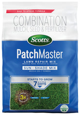 Scotts PatchMaster bare-spot repair shows seed, mulch, and fertilizer in action for quick fixes.