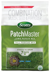 Scotts PatchMaster packaging showcases ready-to-use lawn repair mix for bare spots