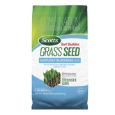 Scotts Turf Builder Grass Seed Kentucky Bluegrass Mix bag closeup showing dense, green lawn potential